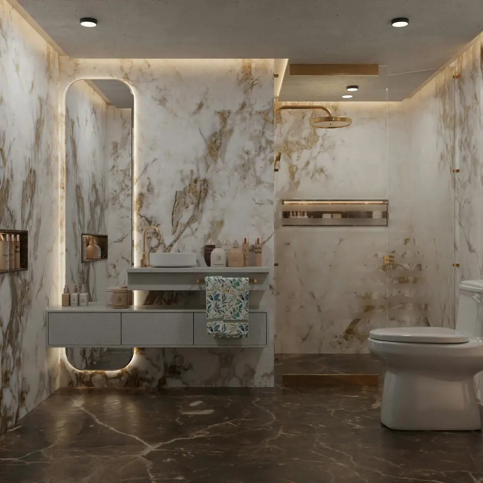 Salle de bain aux murs en marbre
