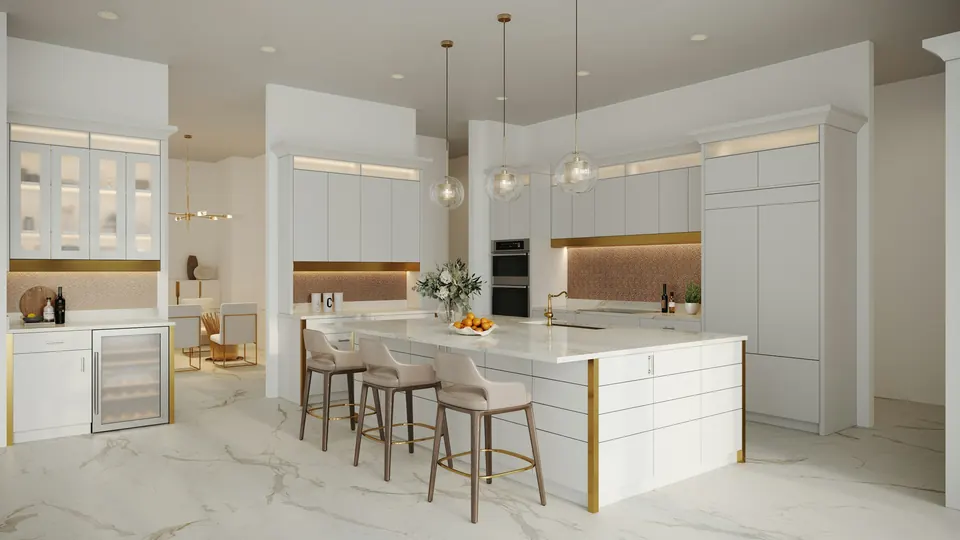 Large white kitchen with a pale-topped island