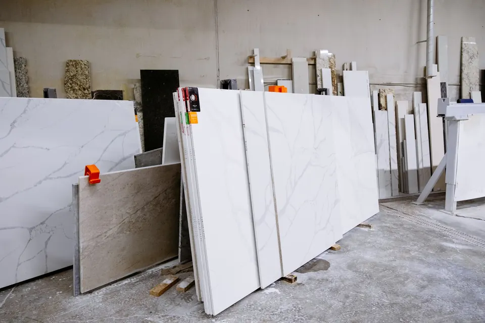 Granite and marble slabs stored in a factory