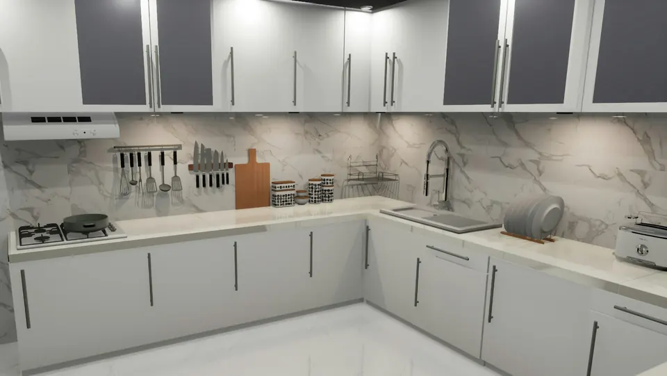 White cabinets with marble countertops